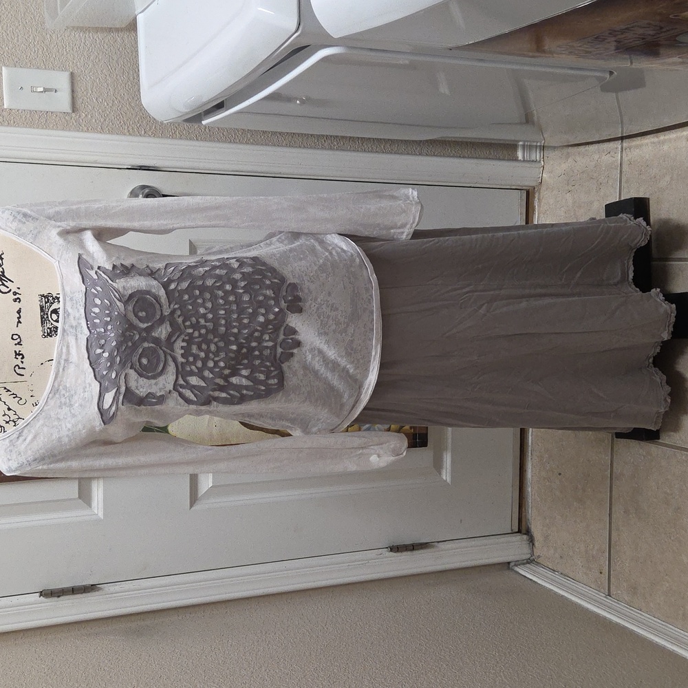 White and Gray Owl Print Top with Gray Skirt Set